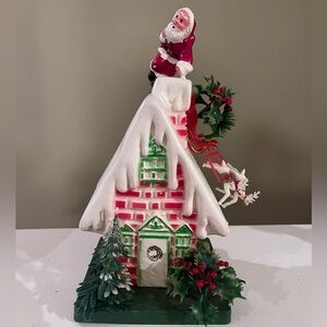 Vintage Mid Century Christmas Blow Mold House Santa Claus Sleigh on Roof